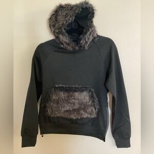 RIFLESSI Faux Fur Hood & Pocket Pullover Hoodie Sweatshirt Top NWT Black Sz. S